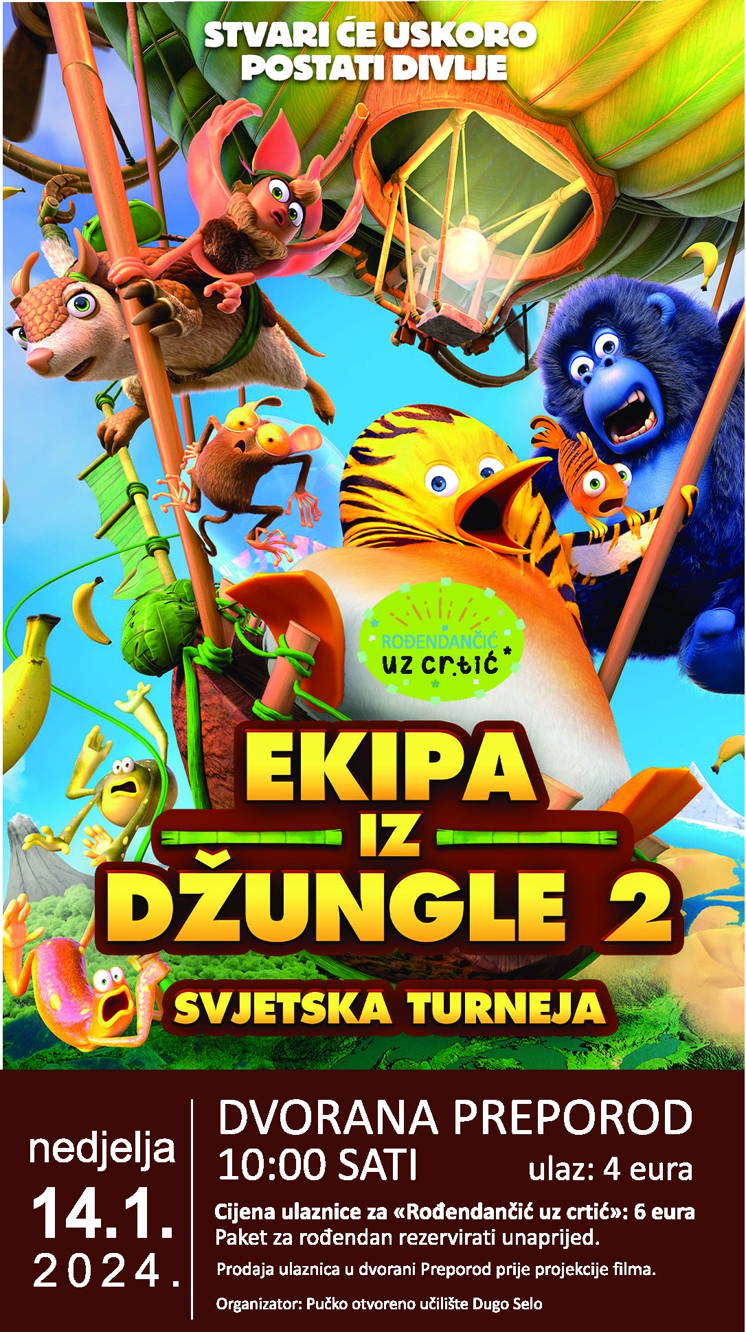 Dugoselsko kino nedjeljom: Animirani film za djecu "EKIPA IZ ĐUNGLE 2: Svjetska turneja"